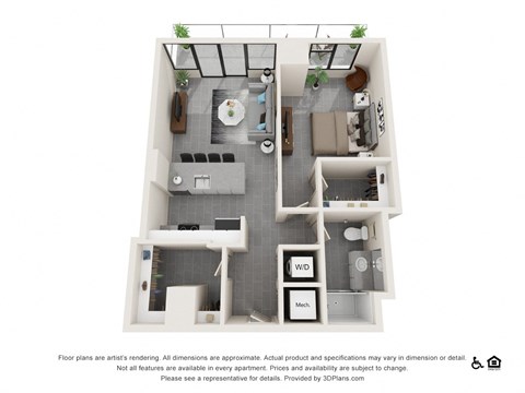 Floor plan for 1 bed, 1 bath, 811 sqft